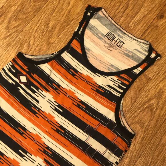 NWOT Iron Fist Black Orange Cream Stripe Aztec Tribal Muscle Tank Top Size XS - Picture 2 of 7